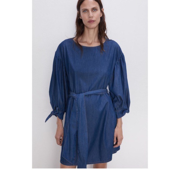 Zara Dress With Voluminous Sleeves Dark Blue NWT - Picture 3 of 7